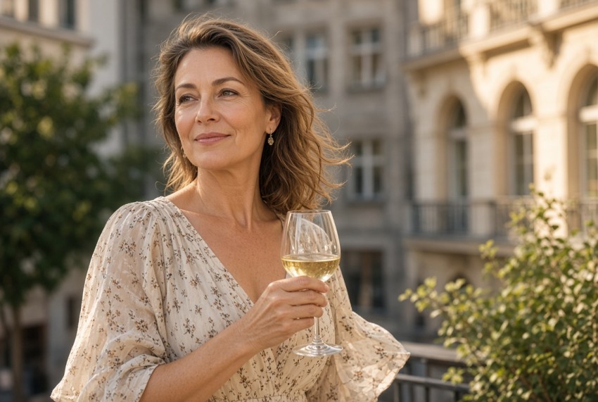 Selbstbewusste geschiedene Frau mit Weinglas auf Berliner Balkon &ndash; Sex Dating und neuer Start nach der Scheidung in Deutschland