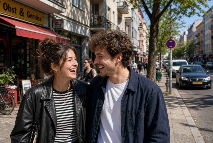 Lachendes junges Paar flirtet auf einer sonnigen Stra&szlig;e &ndash; spontanes Kennenlernen f&uuml;r ein Sextreffen in Deutschland