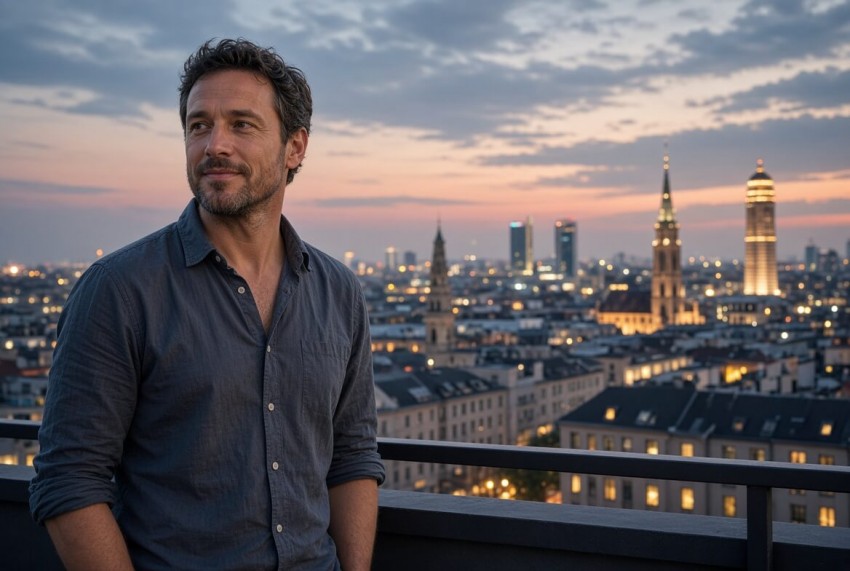 Mann auf Dachterrasse mit Blick &uuml;ber die Stadt &ndash; Sexualit&auml;t nach Scheidung in Deutschland, neuer Start